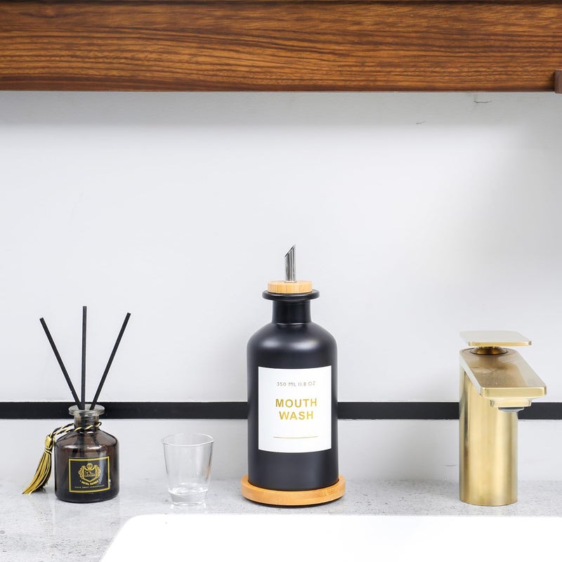 BONLONG 11.8OZ Glass Mouthwash Dispenser for Bathroom with Stainless Steel & Bamboo Nozzle, Mouthwash Cup Reusable, Bamboo Tray, and Elegant Gold Sticker.(Black) - Image 4